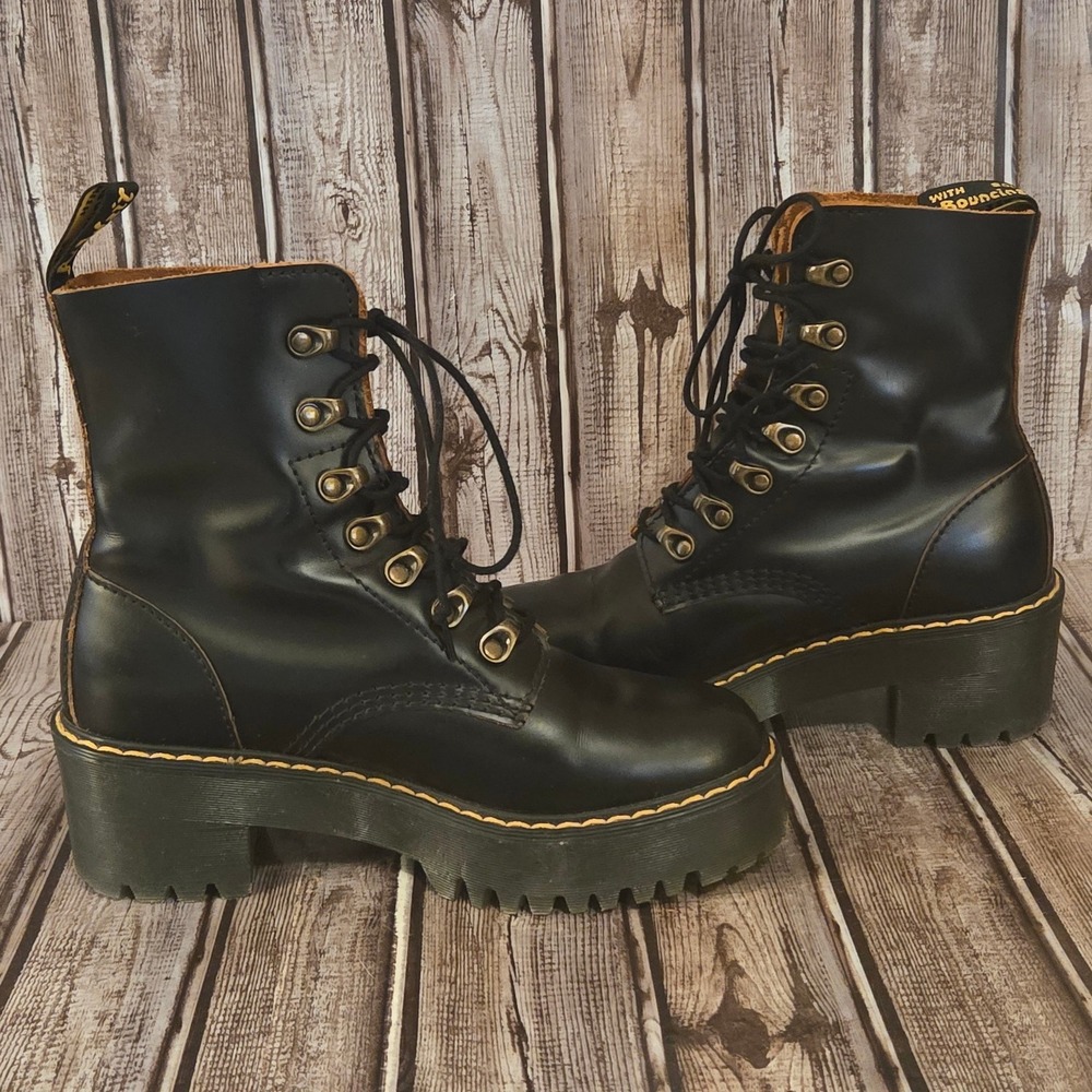 Dr. Martens Black Platform Lace-Up Heeled Boots with Yellow Stitching - Picture 8 of 11